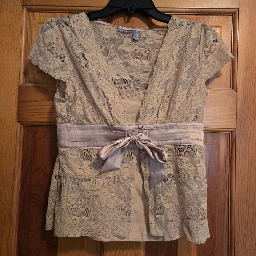 Vintage Y2K Apt 9 Gold Tan Beige Lace Short Sleeve Blouse Petite Small Boho NWT